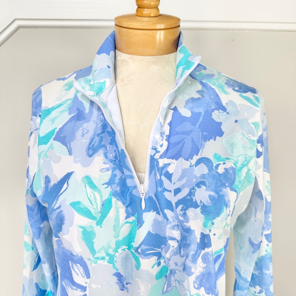 G Lifestyle Monet Long Sleeve Zip Neck Hi Lo Tunic Top Aqua Blue Medium - Picture 2 of 9